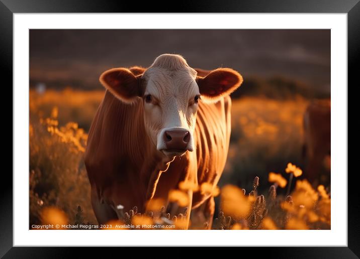 A cow on a field with some flowers created with generative AI te Framed Mounted Print by Michael Piepgras