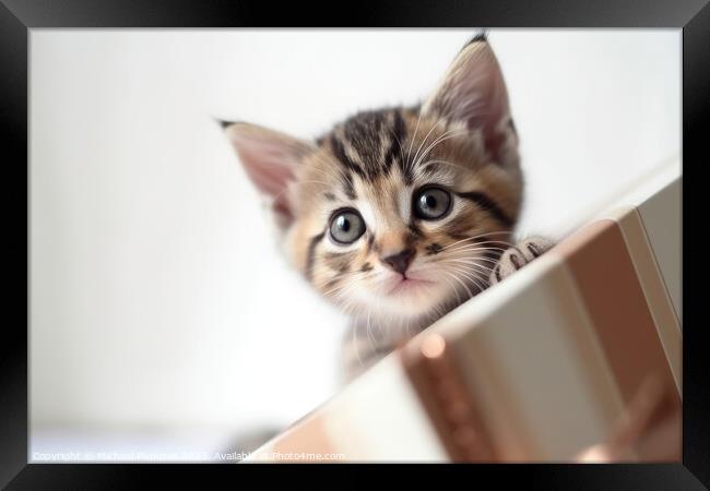 A cute kitten looking out of a present box created with generati Framed Print by Michael Piepgras