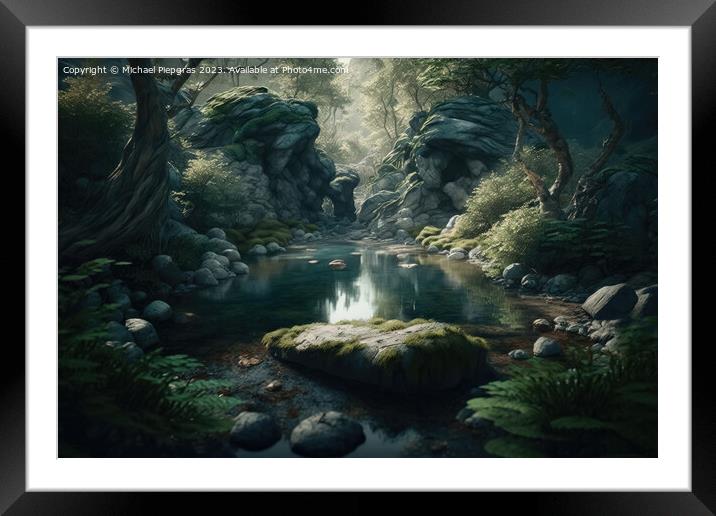 A dark forest with floating water created with generative AI tec Framed Mounted Print by Michael Piepgras