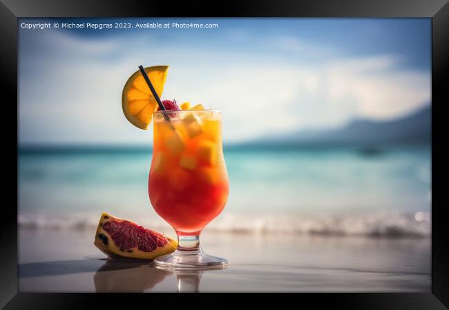 A fruity cocktail with a beautiful paradise beach soft backgroun Framed Print by Michael Piepgras