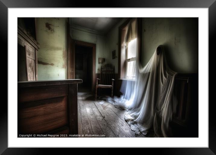 A ghostly apparition in an old run-down house created with gener Framed Mounted Print by Michael Piepgras