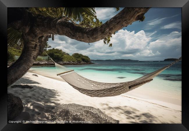 A hammock on a tropical beach created with generative AI technol Framed Print by Michael Piepgras
