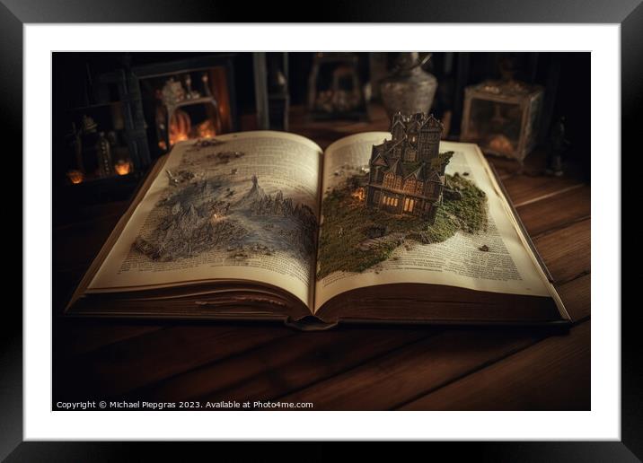 A magical book with fantasy stories coming out of the book creat Framed Mounted Print by Michael Piepgras
