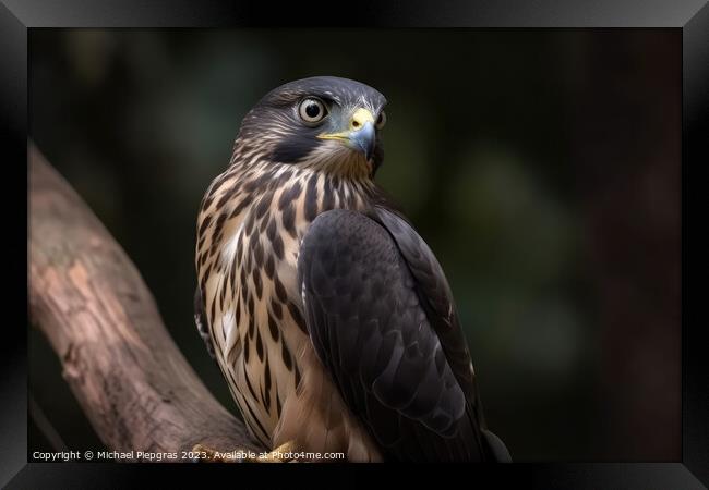 A merlin bird of prey on a branch in close up created with gener Framed Print by Michael Piepgras