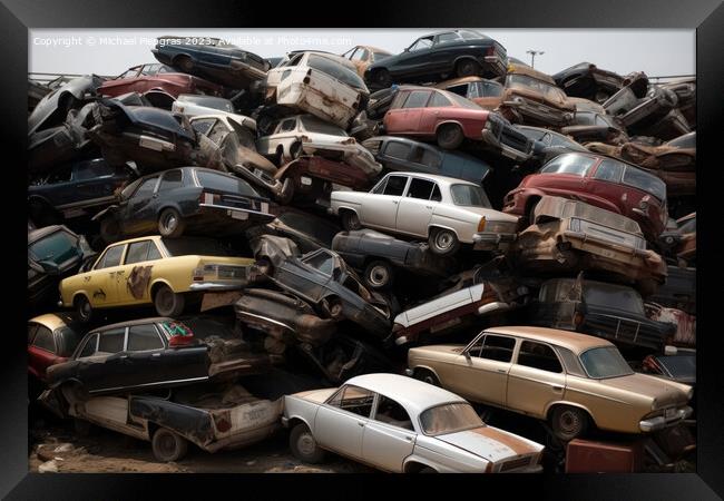 A pile of cars created with generative AI technology. Framed Print by Michael Piepgras