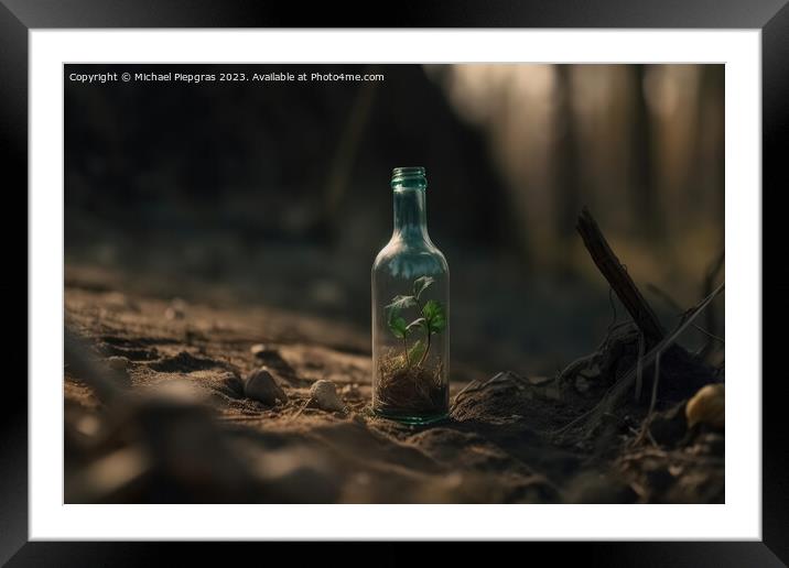 A single green seedling in a glass bottle on an apocalyptic dry  Framed Mounted Print by Michael Piepgras