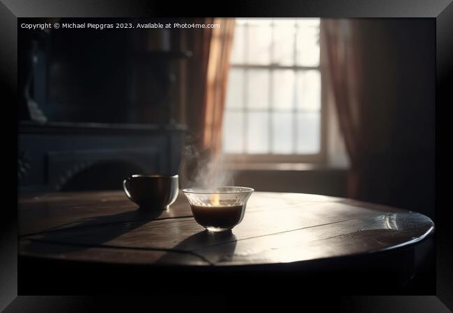 A steaming cup of tea on a table in a cosy old room created with Framed Print by Michael Piepgras