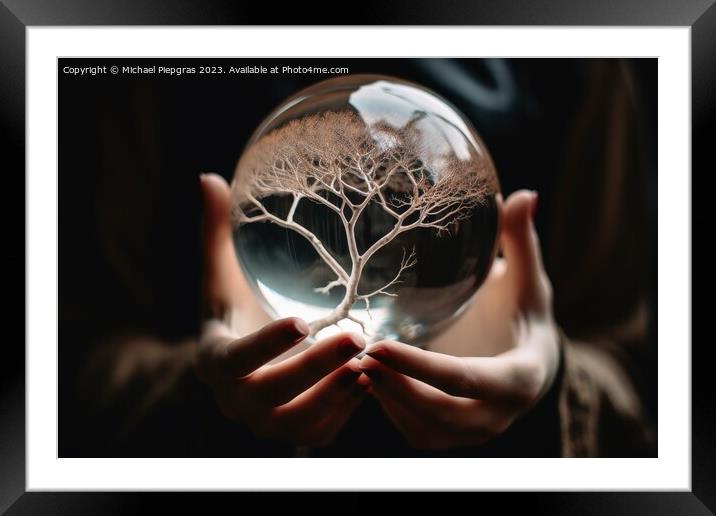 A tree inside of a glass sphere held by a female hand created wi Framed Mounted Print by Michael Piepgras