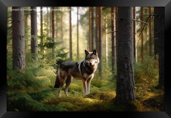 A wolf in a northern european forest created with generative AI  Framed Print by Michael Piepgras