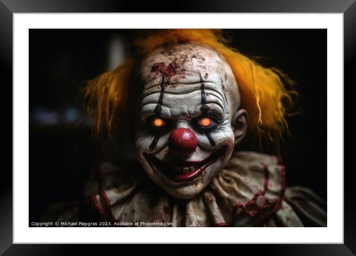 An evil clown doll in a dirty look created with generative AI te Framed Mounted Print by Michael Piepgras