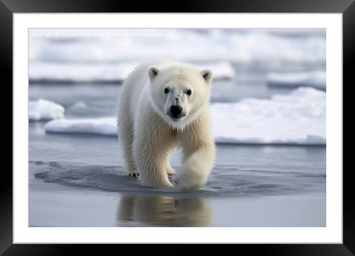 Baby polar bear on melting ice created with generative AI techno Framed Mounted Print by Michael Piepgras