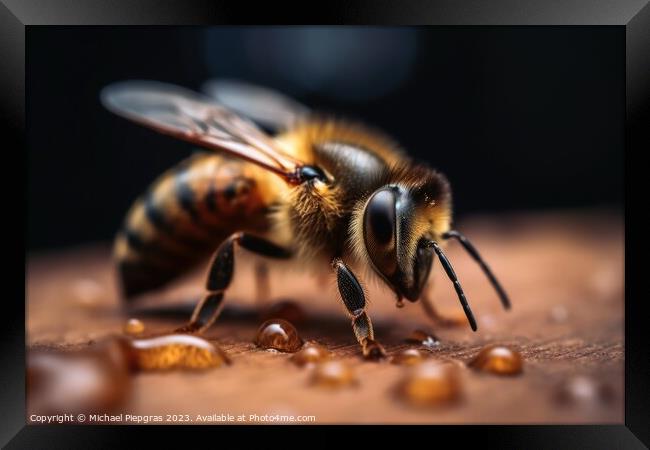 Close up of a bee on honey created with generative AI technology Framed Print by Michael Piepgras