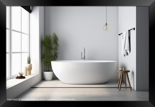 A bathroom in a nordic style with a white bathtub created with g Framed Print by Michael Piepgras