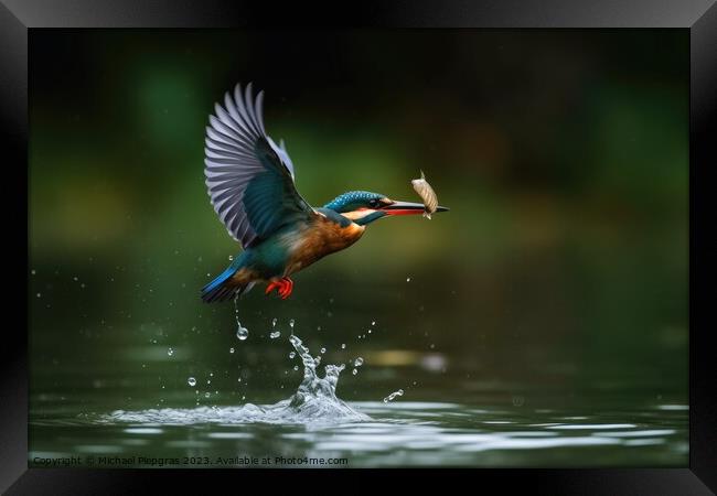 A colorful kingfisher in flight catching a fish from a lake crea Framed Print by Michael Piepgras