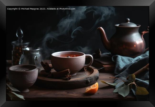 A cosy tea scenario concept with steaming tea in a cup and tea l Framed Print by Michael Piepgras