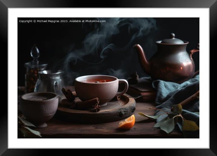 A cosy tea scenario concept with steaming tea in a cup and tea l Framed Mounted Print by Michael Piepgras