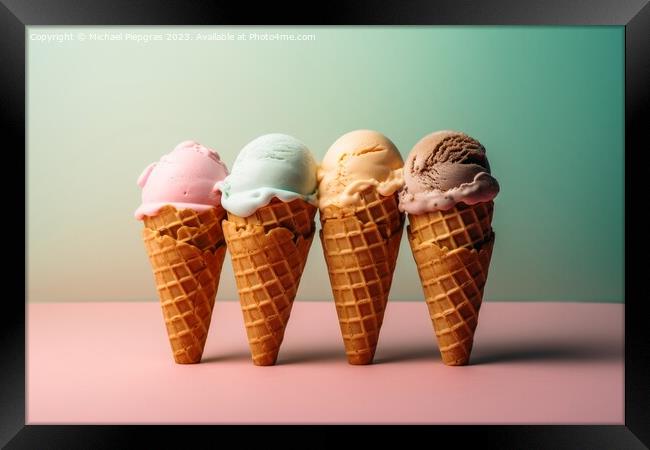 Delicious ice cream cones with several ice cream scoops against  Framed Print by Michael Piepgras
