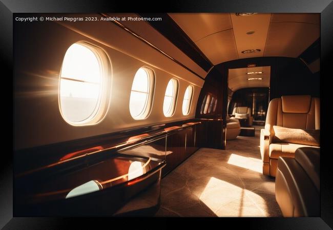 A first class area in a business jet with the sunset through a w Framed Print by Michael Piepgras