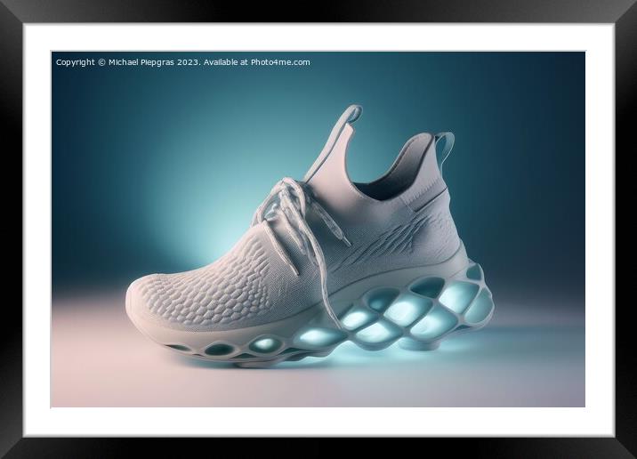 A futuristic sports shoe on a light background created with gene Framed Mounted Print by Michael Piepgras