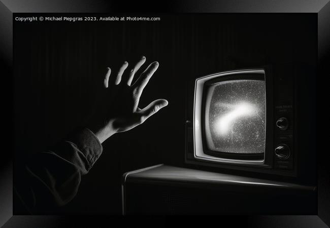 A hand reaching out at an old television created with generative Framed Print by Michael Piepgras