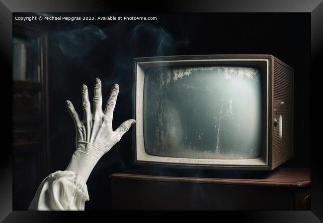 A hand reaching out at an old television created with generative Framed Print by Michael Piepgras