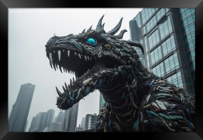 A huge monster made of plastic waste attacking a modern city cre Framed Print by Michael Piepgras