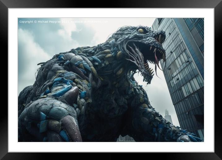 A huge monster made of plastic waste attacking a modern city cre Framed Mounted Print by Michael Piepgras