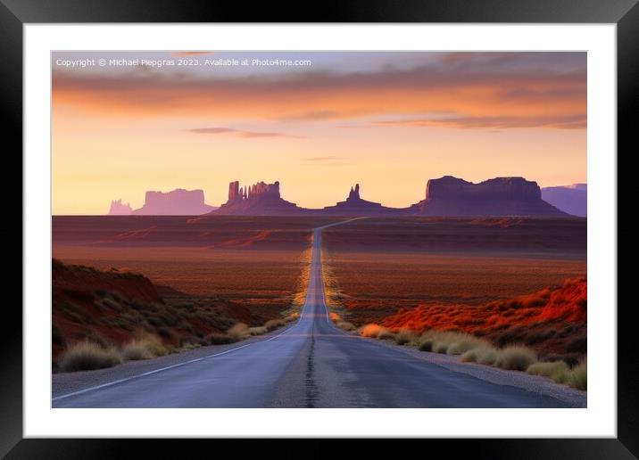 A lonely straight road in the American landscape at sunset creat Framed Mounted Print by Michael Piepgras