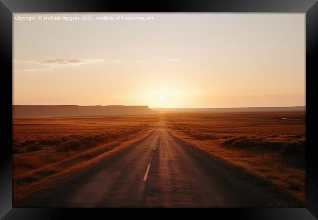 A lonely straight road in the American landscape at sunset creat Framed Print by Michael Piepgras