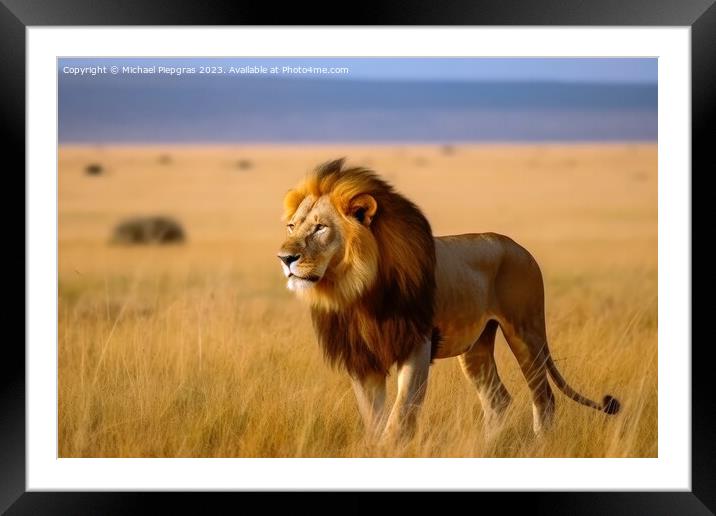 A male lion in the savannah king of animals created with generat Framed Mounted Print by Michael Piepgras