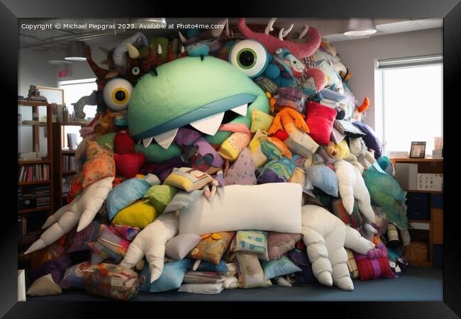 A monster made of pillows created with generative AI technology. Framed Print by Michael Piepgras