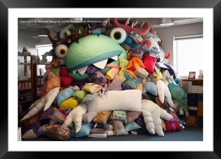 A monster made of pillows created with generative AI technology. Framed Mounted Print by Michael Piepgras