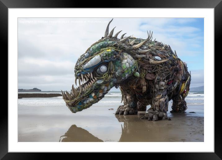 A monster made of plastic waste on the ocean beach created with  Framed Mounted Print by Michael Piepgras