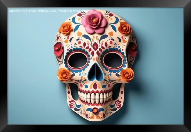 A skull for Dia de Los Muertos on light background created with  Framed Print by Michael Piepgras
