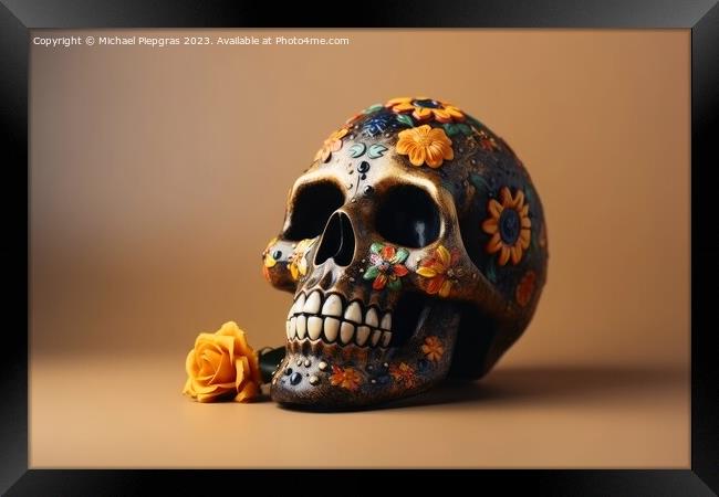 A skull for Dia de Los Muertos on light background created with  Framed Print by Michael Piepgras