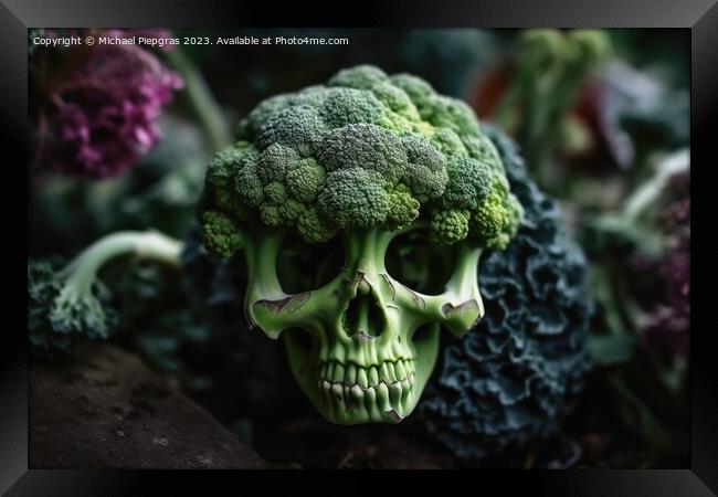 A skull made of broccoli created with generative AI technology. Framed Print by Michael Piepgras