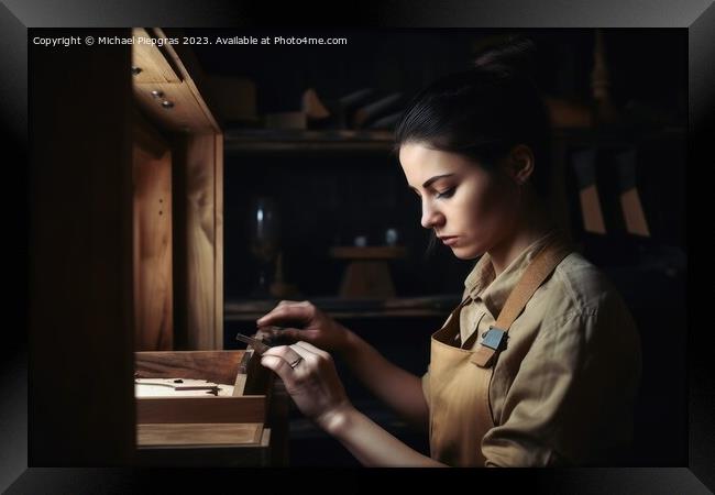 A female craftsman builds a shelf created with generative AI tec Framed Print by Michael Piepgras