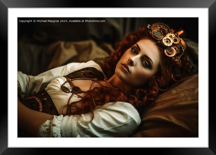 An attractive female steampunk woman cyborg laying on a bed crea Framed Mounted Print by Michael Piepgras