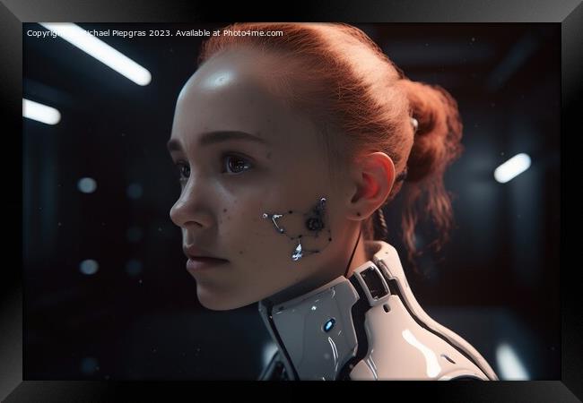 Futuristic female android with cybord technology created with ge Framed Print by Michael Piepgras