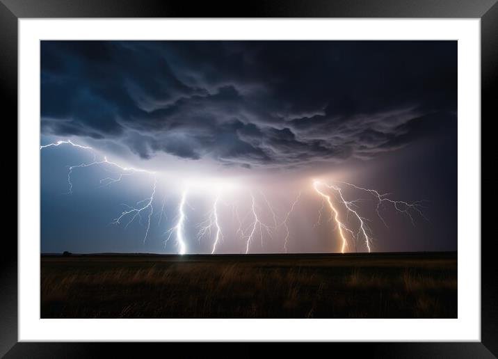 A stormy sky with lightning strikes from the clouds to the groun Framed Mounted Print by Michael Piepgras