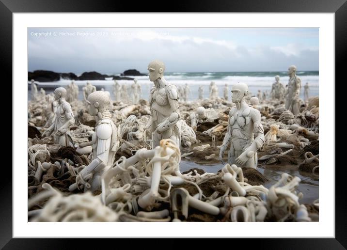 A swarm of evil plastic waste figures conquers the beach from th Framed Mounted Print by Michael Piepgras