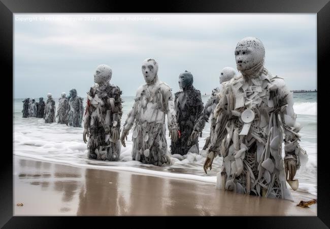 A swarm of evil plastic waste figures conquers the beach from th Framed Print by Michael Piepgras