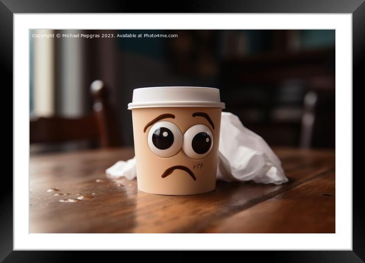 A tired coffee cup with eyes on a kitchen table created with gen Framed Mounted Print by Michael Piepgras