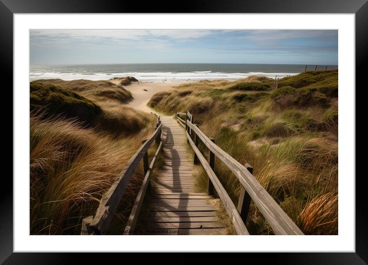 A wooden path to the ocean beach past tall grass during sunset c Framed Mounted Print by Michael Piepgras