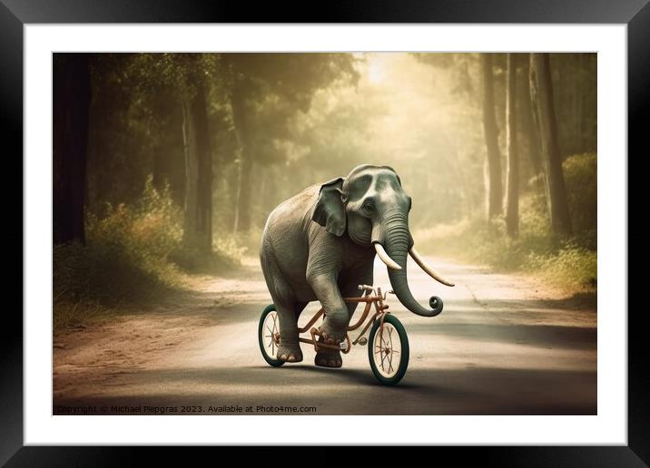 An elephant riding a small bicycle created with generative AI te Framed Mounted Print by Michael Piepgras