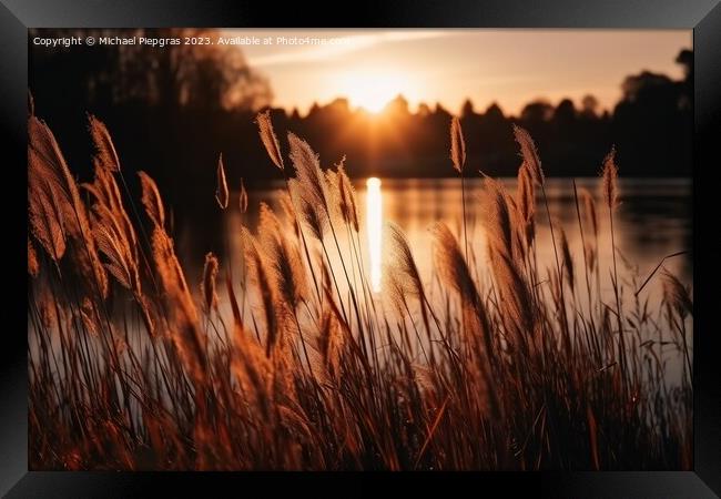 Beautiful reed grass by a lake at sunset created with generative Framed Print by Michael Piepgras