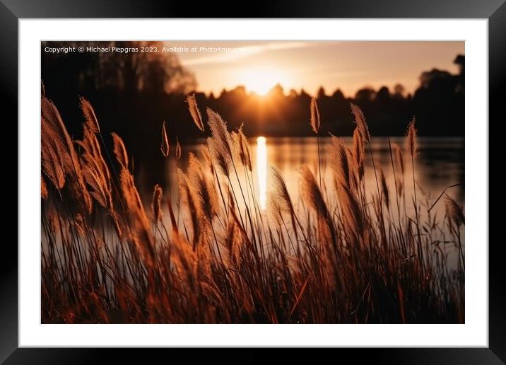 Beautiful reed grass by a lake at sunset created with generative Framed Mounted Print by Michael Piepgras
