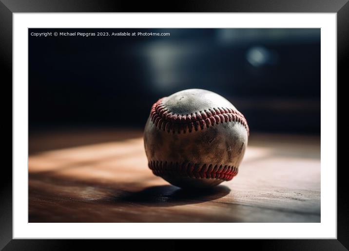 Close up of a baseball with a playfield background created with  Framed Mounted Print by Michael Piepgras