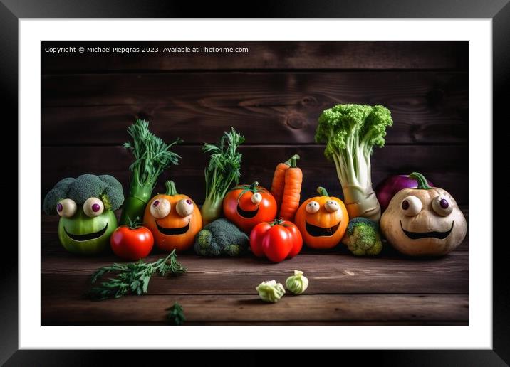 Different happy vegetables with eyes on a wooden background crea Framed Mounted Print by Michael Piepgras