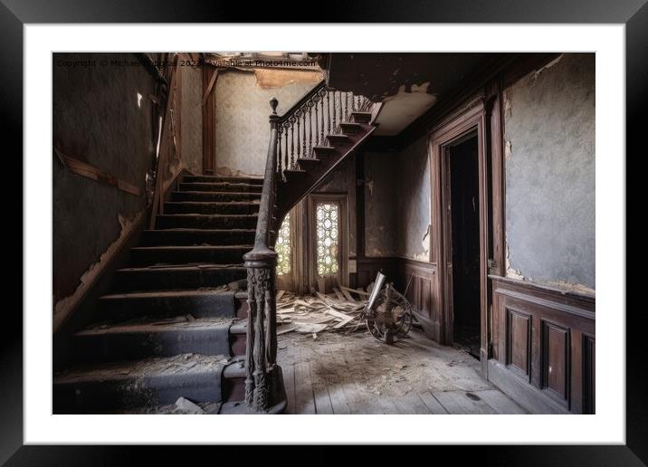 Inside an abandoned haunted house created with generative AI tec Framed Mounted Print by Michael Piepgras